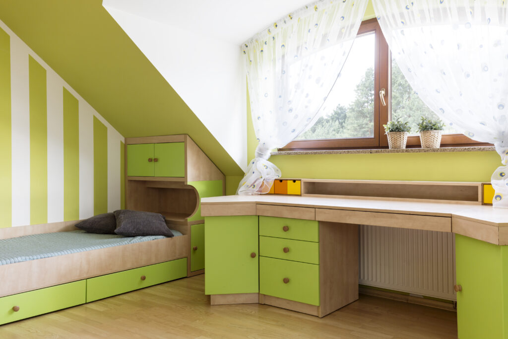 Bright lime room for teenager at the attic